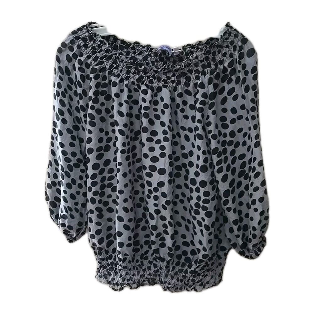 Acrobat‎ Gray Black Polka Dot 100% Silk Cinched Long Sleeve Top Womans Sz Medium